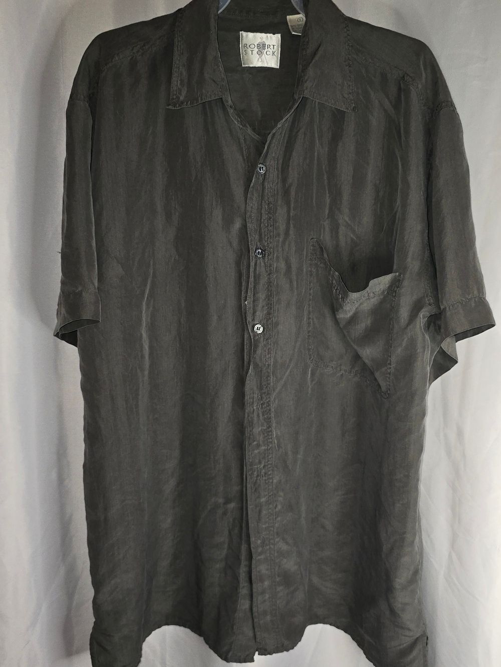Robert Stock 100% Silk Short Sleeve Button Down Shirt - Charcoal Grey - Small